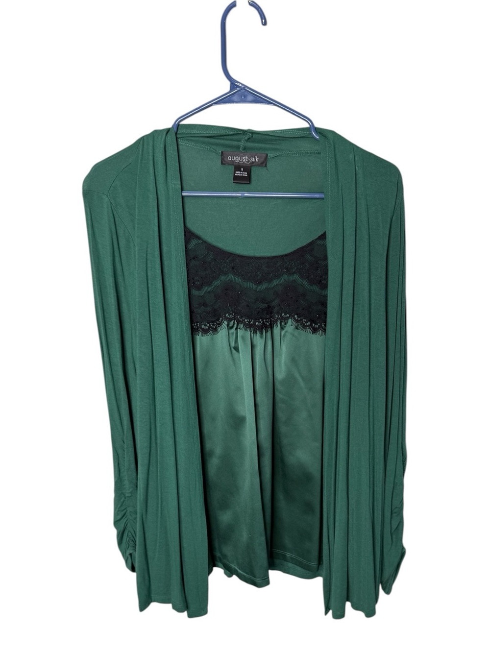 Green August Silk Small Lace Trim Mock Twin Set Top
